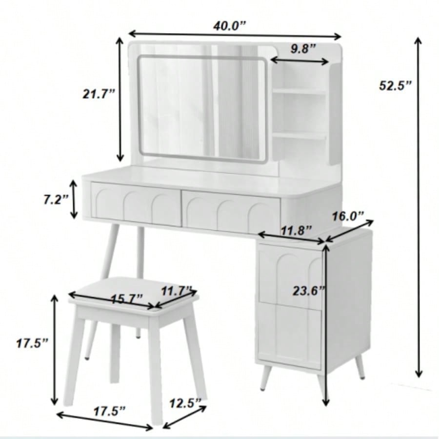 Modern Makeup Vanity Desk with LED Lights Mirror, 4 Drawer Dressing Table Set with Stool, 3 Colors Dimmable Brightness, Space - Saving Bedroom, White