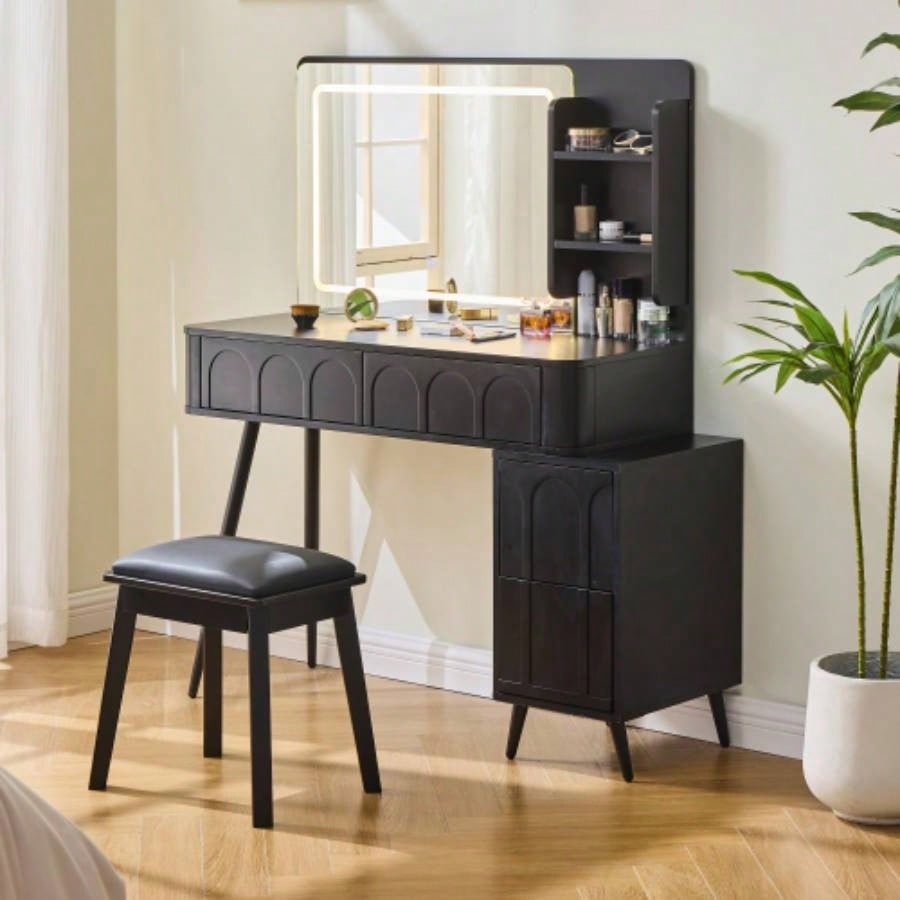 Modern Makeup Vanity Desk with LED Lights Mirror, 4 Drawer Dressing Table Set with Stool, 3 Colors Dimmable Brightness, Space - Saving Bedroom, White