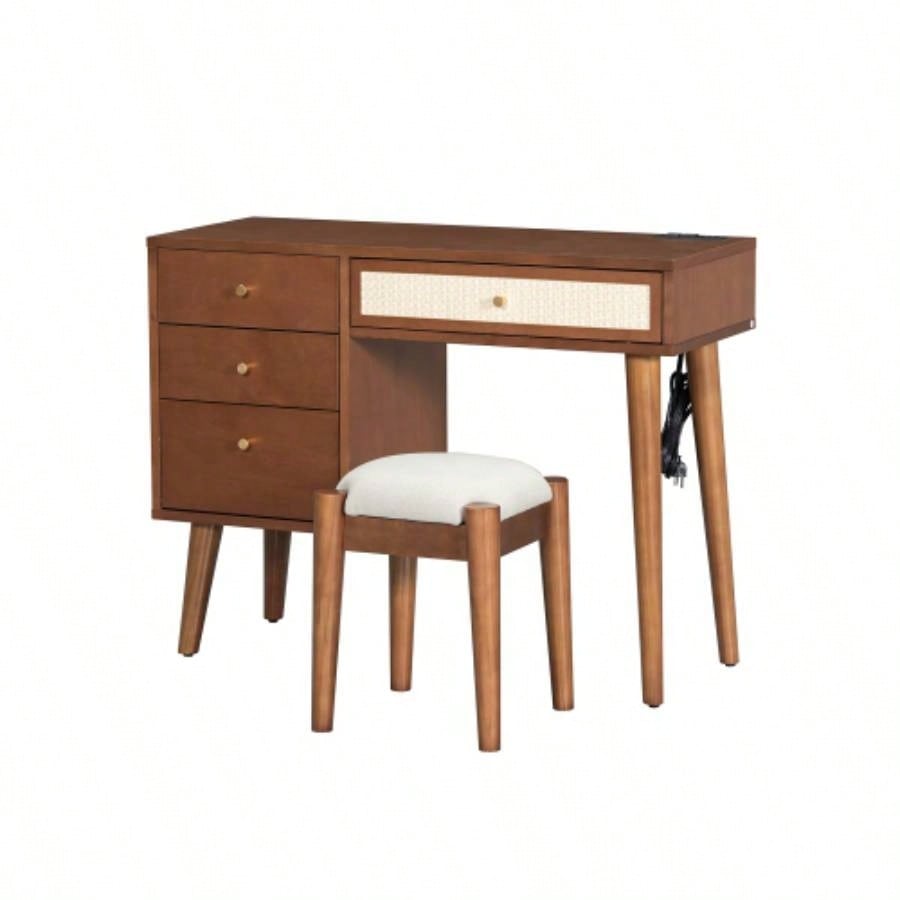 39 Retro Bohemian Style Wooden Makeup Vanity Set with Charging PlugUSB Port and Stool, Dressing Table with 3 Storage Drawers and 1 Rectangular Rattan Drawer, Walnut