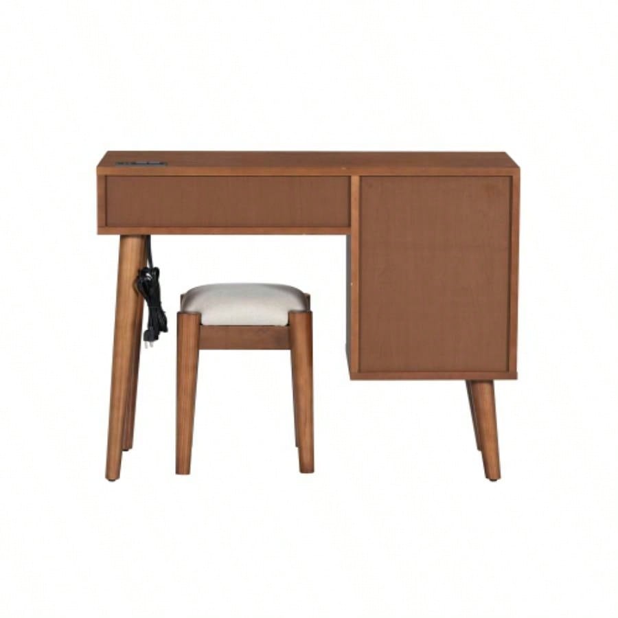 39 Retro Bohemian Style Wooden Makeup Vanity Set with Charging PlugUSB Port and Stool, Dressing Table with 3 Storage Drawers and 1 Rectangular Rattan Drawer, Walnut