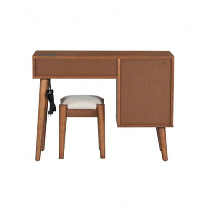 39 Retro Bohemian Style Wooden Makeup Vanity Set with Charging PlugUSB Port and Stool, Dressing Table with 3 Storage Drawers and 1 Rectangular Rattan Drawer, Walnut