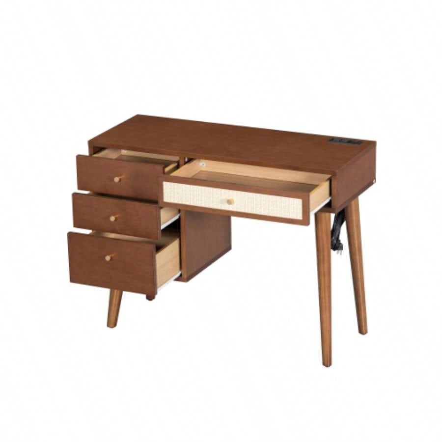 39 Retro Bohemian Style Wooden Makeup Vanity Set with Charging PlugUSB Port and Stool, Dressing Table with 3 Storage Drawers and 1 Rectangular Rattan Drawer, Walnut