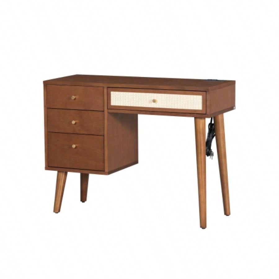 39 Retro Bohemian Style Wooden Makeup Vanity Set with Charging PlugUSB Port and Stool, Dressing Table with 3 Storage Drawers and 1 Rectangular Rattan Drawer, Walnut