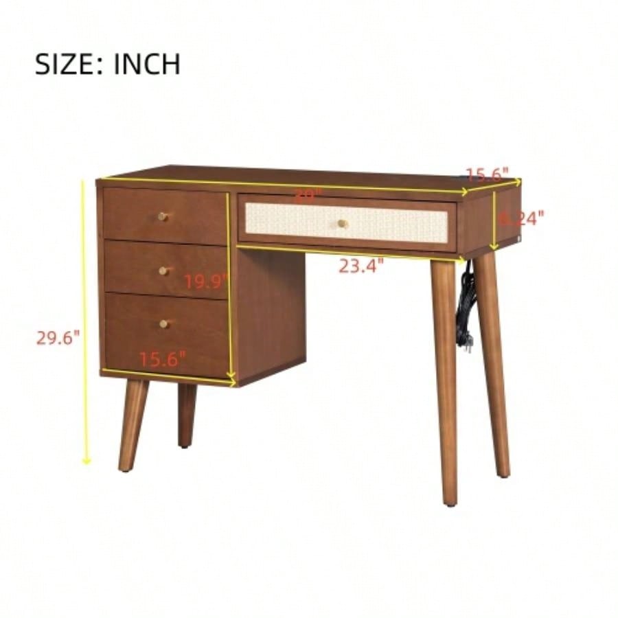 39 Retro Bohemian Style Wooden Makeup Vanity Set with Charging PlugUSB Port and Stool, Dressing Table with 3 Storage Drawers and 1 Rectangular Rattan Drawer, Walnut
