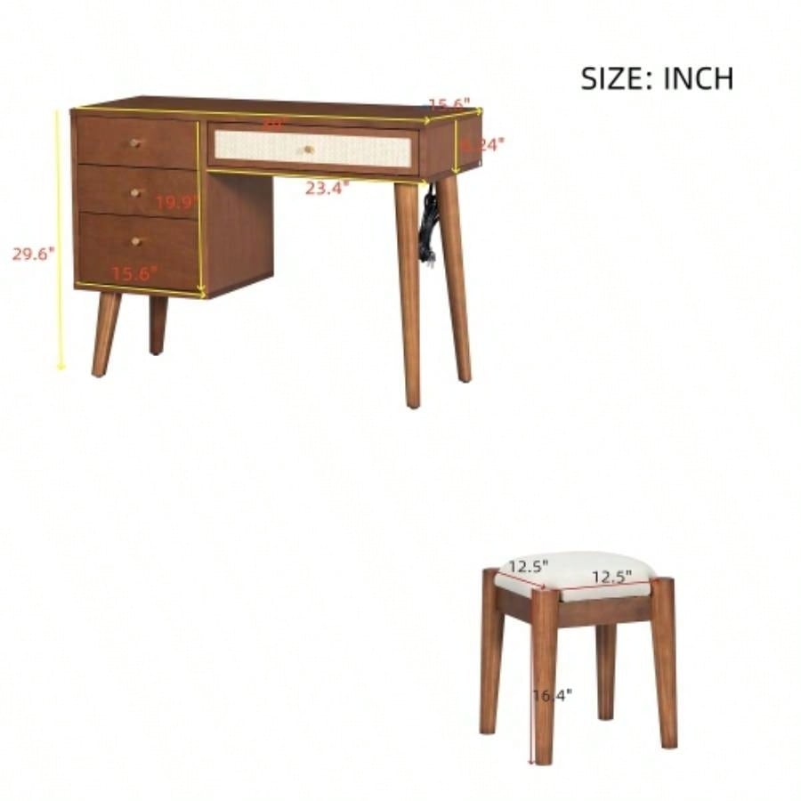 39 Retro Bohemian Style Wooden Makeup Vanity Set with Charging PlugUSB Port and Stool, Dressing Table with 3 Storage Drawers and 1 Rectangular Rattan Drawer, Walnut