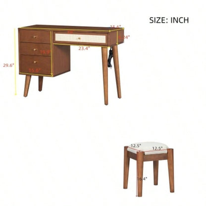 39 Retro Bohemian Style Wooden Makeup Vanity Set with Charging PlugUSB Port and Stool, Dressing Table with 3 Storage Drawers and 1 Rectangular Rattan Drawer, Walnut