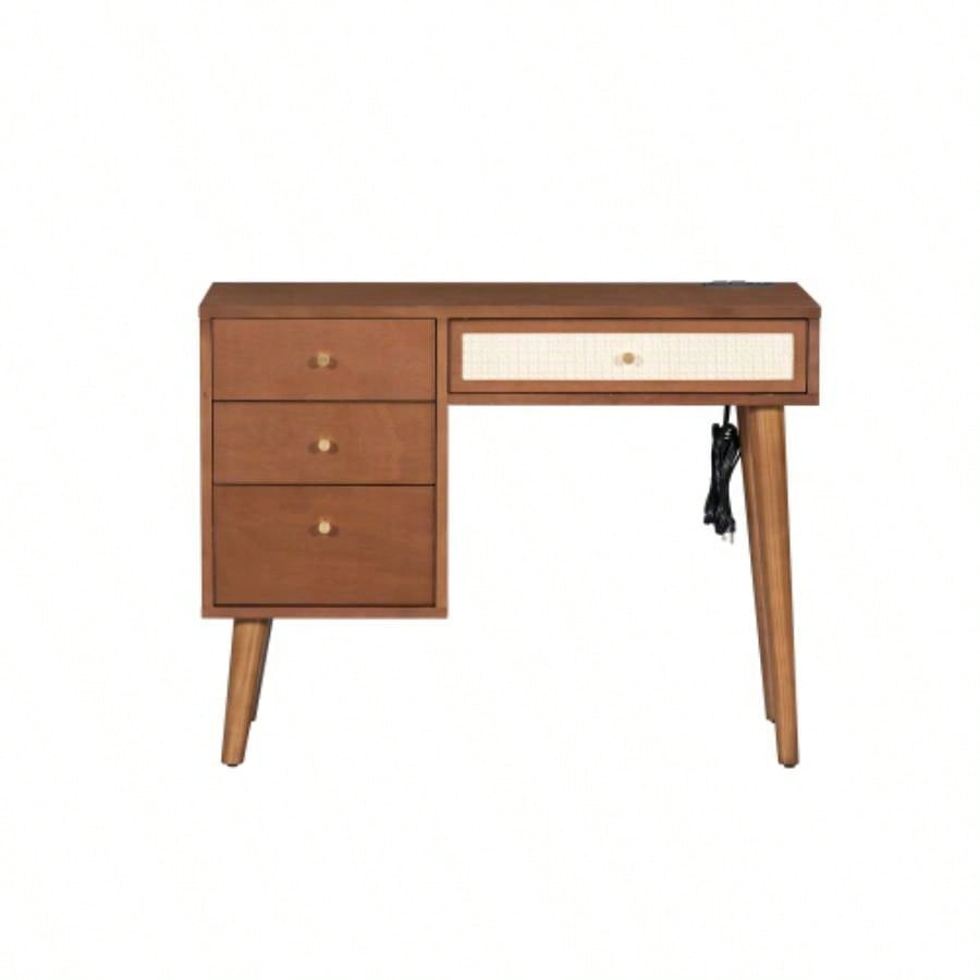 39 Retro Bohemian Style Wooden Makeup Vanity Set with Charging PlugUSB Port and Stool, Dressing Table with 3 Storage Drawers and 1 Rectangular Rattan Drawer, Walnut