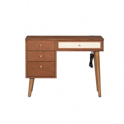 39 Retro Bohemian Style Wooden Makeup Vanity Set with Charging PlugUSB Port and Stool, Dressing Table with 3 Storage Drawers and 1 Rectangular Rattan Drawer, Walnut