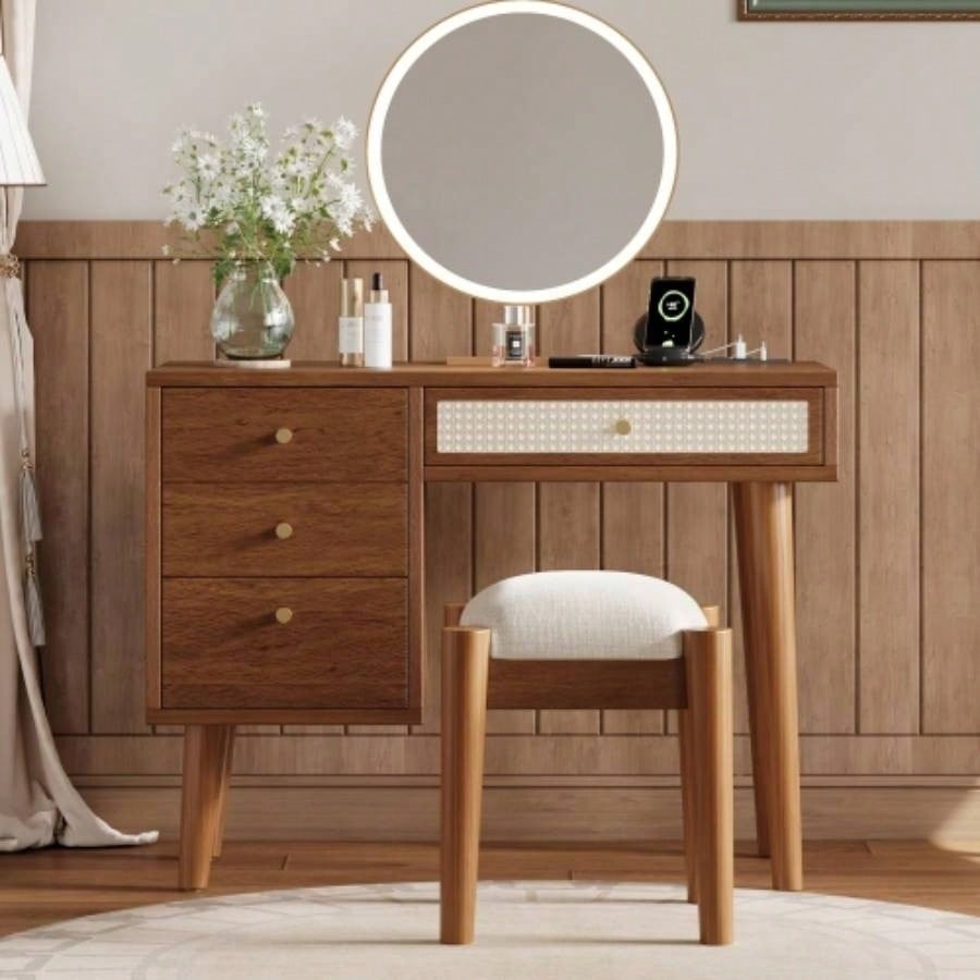 39 Retro Bohemian Style Wooden Makeup Vanity Set with Charging PlugUSB Port and Stool, Dressing Table with 3 Storage Drawers and 1 Rectangular Rattan Drawer, Walnut