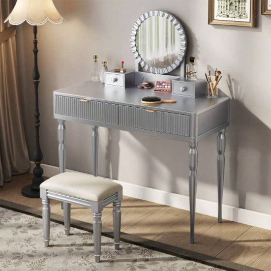Luxury Vanity Desk with Round Mirror, Height - Adjustable, Stylish Dressing Table Set, 4 Drawers Stool, Silver