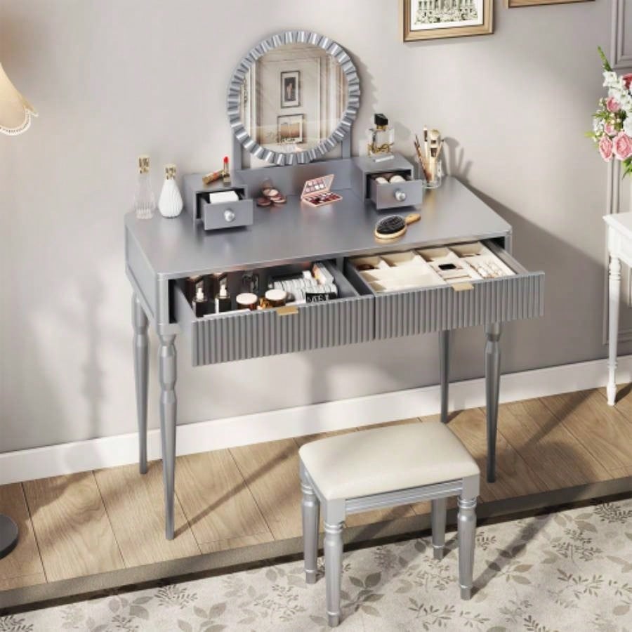 Luxury Vanity Desk with Round Mirror, Height - Adjustable, Stylish Dressing Table Set, 4 Drawers Stool, Silver