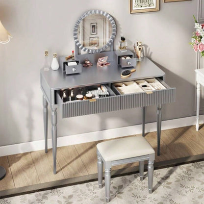 Luxury Vanity Desk with Round Mirror, Height - Adjustable, Stylish Dressing Table Set, 4 Drawers Stool, Silver