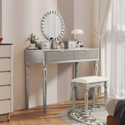 Luxury Vanity Desk with Round Mirror, Height - Adjustable, Stylish Dressing Table Set, 4 Drawers Stool, Silver