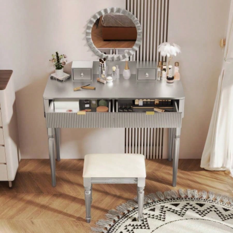 Luxury Vanity Desk with Round Mirror, Height - Adjustable, Stylish Dressing Table Set, 4 Drawers Stool, Silver