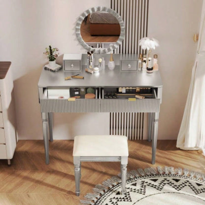 Luxury Vanity Desk with Round Mirror, Height - Adjustable, Stylish Dressing Table Set, 4 Drawers Stool, Silver