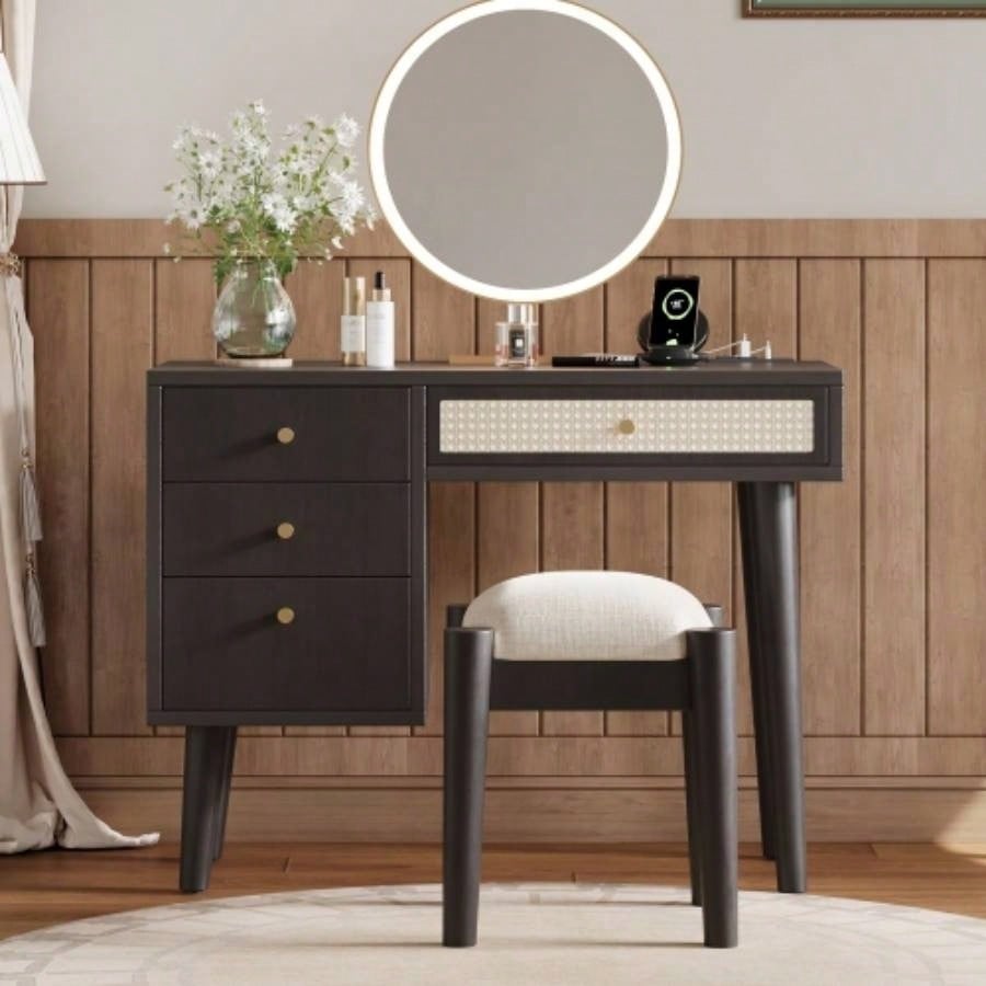 39 Retro Bohemian Style Wooden Makeup Vanity Set with Charging PlugUSB Port and Stool, Dressing Table with 3 Storage Drawers and 1 Rectangular Rattan Drawer, Walnut