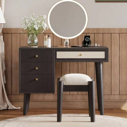 39 Retro Bohemian Style Wooden Makeup Vanity Set with Charging PlugUSB Port and Stool, Dressing Table with 3 Storage Drawers and 1 Rectangular Rattan Drawer, Walnut