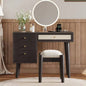 39 Retro Bohemian Style Wooden Makeup Vanity Set with Charging PlugUSB Port and Stool, Dressing Table with 3 Storage Drawers and 1 Rectangular Rattan Drawer, Walnut