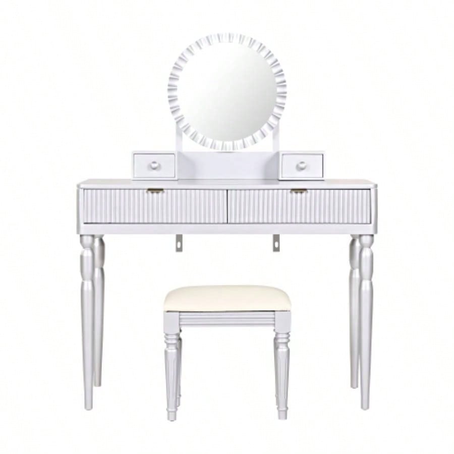 Luxury Vanity Desk with Round Mirror, Height - Adjustable, Stylish Dressing Table Set, 4 Drawers Stool, Silver