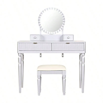 Luxury Vanity Desk with Round Mirror, Height - Adjustable, Stylish Dressing Table Set, 4 Drawers Stool, Silver