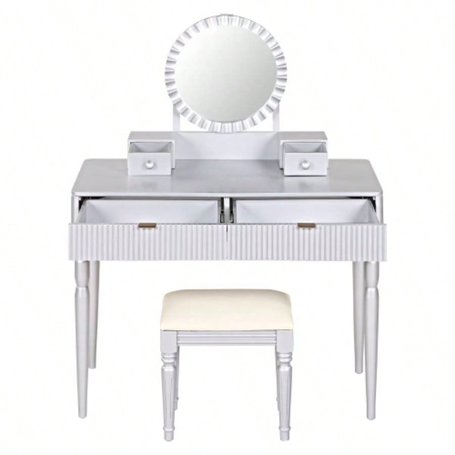 Luxury Vanity Desk with Round Mirror, Height - Adjustable, Stylish Dressing Table Set, 4 Drawers Stool, Silver