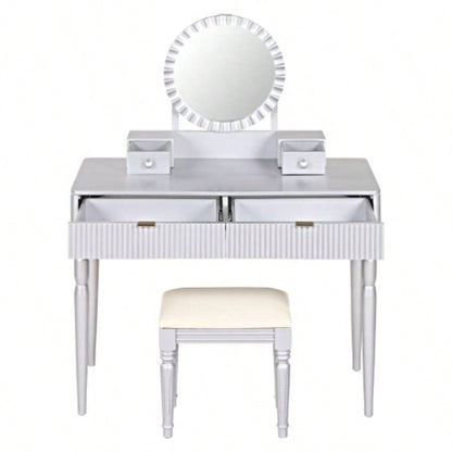 Luxury Vanity Desk with Round Mirror, Height - Adjustable, Stylish Dressing Table Set, 4 Drawers Stool, Silver