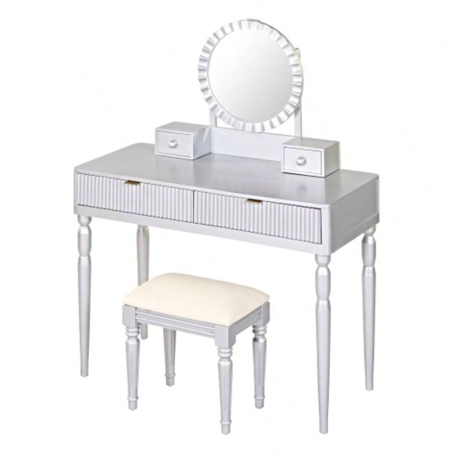 Luxury Vanity Desk with Round Mirror, Height - Adjustable, Stylish Dressing Table Set, 4 Drawers Stool, Silver