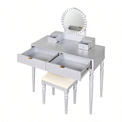Luxury Vanity Desk with Round Mirror, Height - Adjustable, Stylish Dressing Table Set, 4 Drawers Stool, Silver