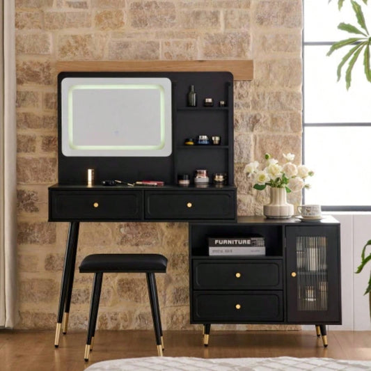 Modern Makeup Vanity Desk with Mirror and Lights, Retractable Dressing Table with Drawers and Cabinet, Compact Makeup Table Set with Power Outlet Bedroom, Black