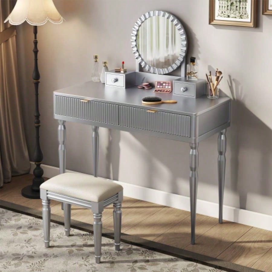 Luxury Vanity Desk with Round Mirror, Height - Adjustable, Stylish Dressing Table Set, 4 Drawers Stool, Silver