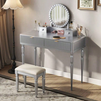 Luxury Vanity Desk with Round Mirror, Height - Adjustable, Stylish Dressing Table Set, 4 Drawers Stool, Silver