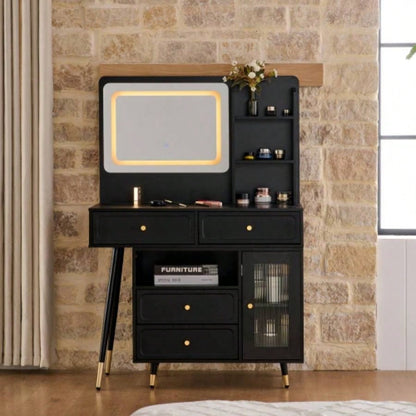 Modern Makeup Vanity Desk with Mirror and Lights, Retractable Dressing Table with Drawers and Cabinet, Compact Makeup Table Set with Power Outlet Bedroom, Black