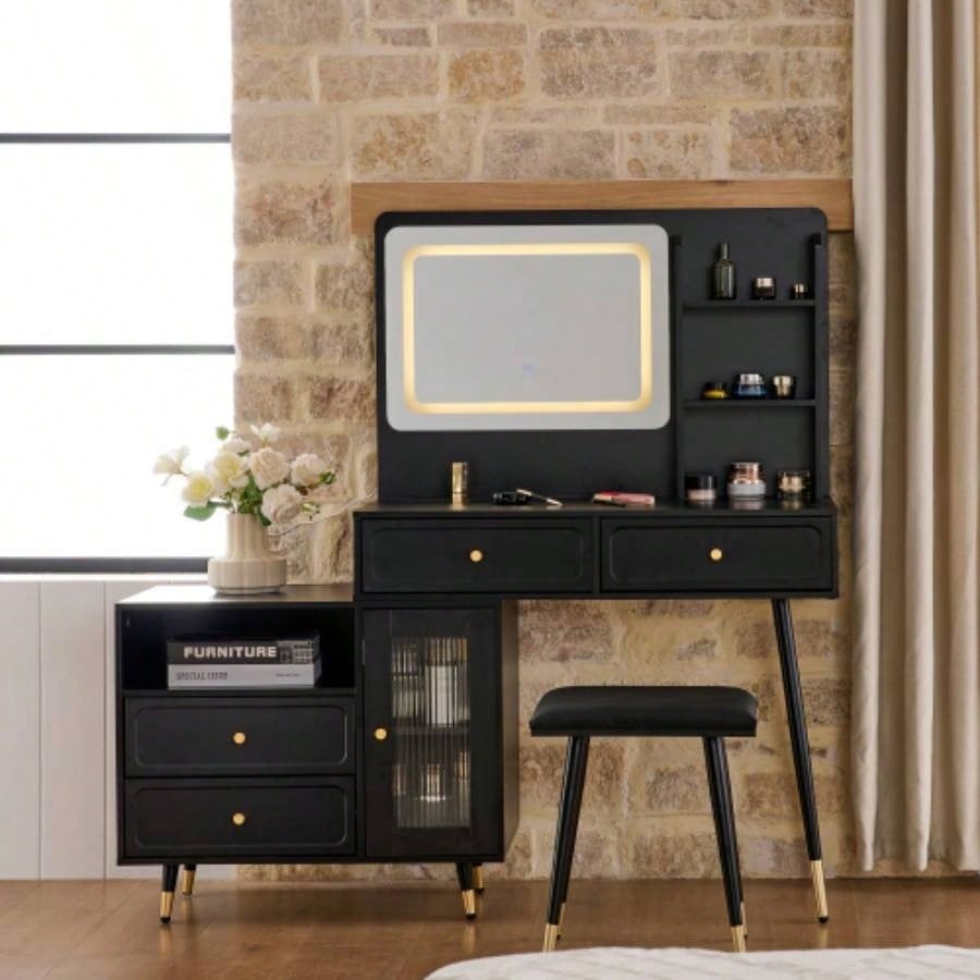 Modern Makeup Vanity Desk with Mirror and Lights, Retractable Dressing Table with Drawers and Cabinet, Compact Makeup Table Set with Power Outlet Bedroom, Black