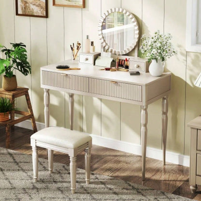 Luxury Vanity Desk with Round Mirror, Height - Adjustable, Stylish Dressing Table Set, 4 Drawers Stool, Silver