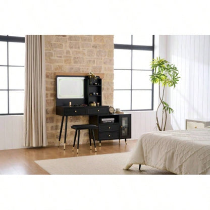 Modern Makeup Vanity Desk with Mirror and Lights, Retractable Dressing Table with Drawers and Cabinet, Compact Makeup Table Set with Power Outlet Bedroom, Black