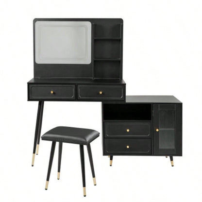 Modern Makeup Vanity Desk with Mirror and Lights, Retractable Dressing Table with Drawers and Cabinet, Compact Makeup Table Set with Power Outlet Bedroom, Black