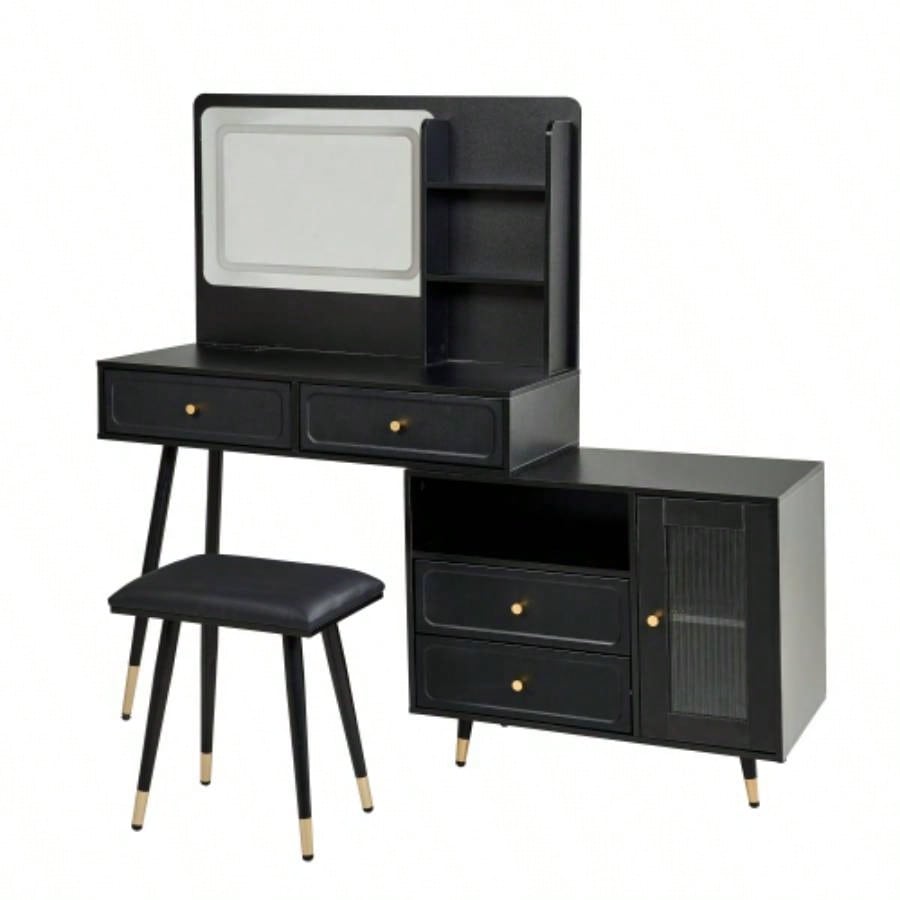Modern Makeup Vanity Desk with Mirror and Lights, Retractable Dressing Table with Drawers and Cabinet, Compact Makeup Table Set with Power Outlet Bedroom, Black