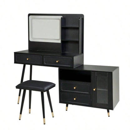 Modern Makeup Vanity Desk with Mirror and Lights, Retractable Dressing Table with Drawers and Cabinet, Compact Makeup Table Set with Power Outlet Bedroom, Black