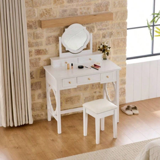 Compact Makeup Vanity Table with Reversible Mirror, Dressing Table Set with Stool, Space - Saving Beauty Station Small Places, White