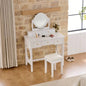 Compact Makeup Vanity Table with Reversible Mirror, Dressing Table Set with Stool, Space - Saving Beauty Station Small Places, White