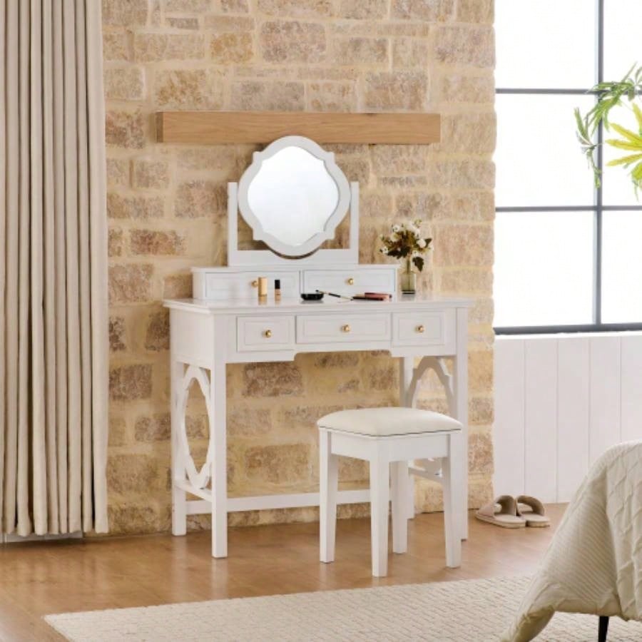 Compact Makeup Vanity Table with Reversible Mirror, Dressing Table Set with Stool, Space - Saving Beauty Station Small Places, White
