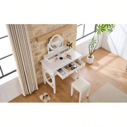Compact Makeup Vanity Table with Reversible Mirror, Dressing Table Set with Stool, Space - Saving Beauty Station Small Places, White