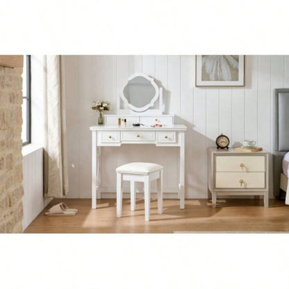 Compact Makeup Vanity Table with Reversible Mirror, Dressing Table Set with Stool, Space - Saving Beauty Station Small Places, White