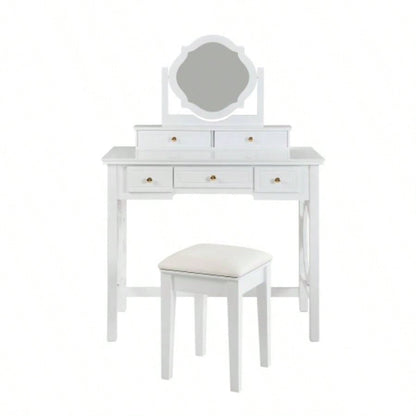 Compact Makeup Vanity Table with Reversible Mirror, Dressing Table Set with Stool, Space - Saving Beauty Station Small Places, White