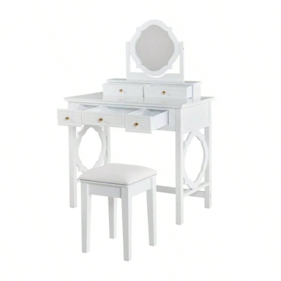 Compact Makeup Vanity Table with Reversible Mirror, Dressing Table Set with Stool, Space - Saving Beauty Station Small Places, White