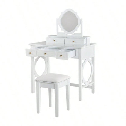 Compact Makeup Vanity Table with Reversible Mirror, Dressing Table Set with Stool, Space - Saving Beauty Station Small Places, White