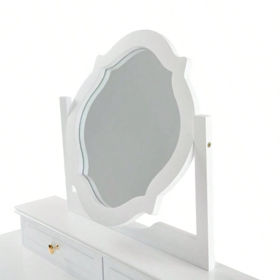 Compact Makeup Vanity Table with Reversible Mirror, Dressing Table Set with Stool, Space - Saving Beauty Station Small Places, White