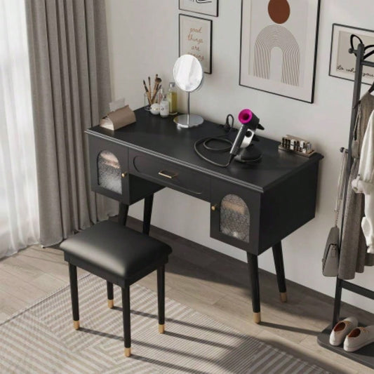 Elegant Vanity Makeup Table Chair Set, Modern Dressing Table with Organizer, Writing Desk, Charging Port, Black