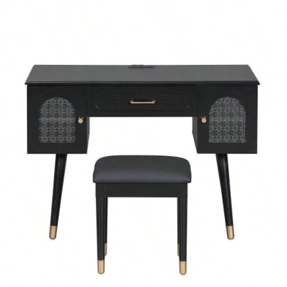 Elegant Vanity Makeup Table Chair Set, Modern Dressing Table with Organizer, Writing Desk, Charging Port, Black