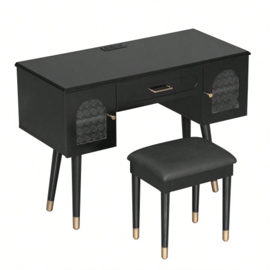 Elegant Vanity Makeup Table Chair Set, Modern Dressing Table with Organizer, Writing Desk, Charging Port, Black